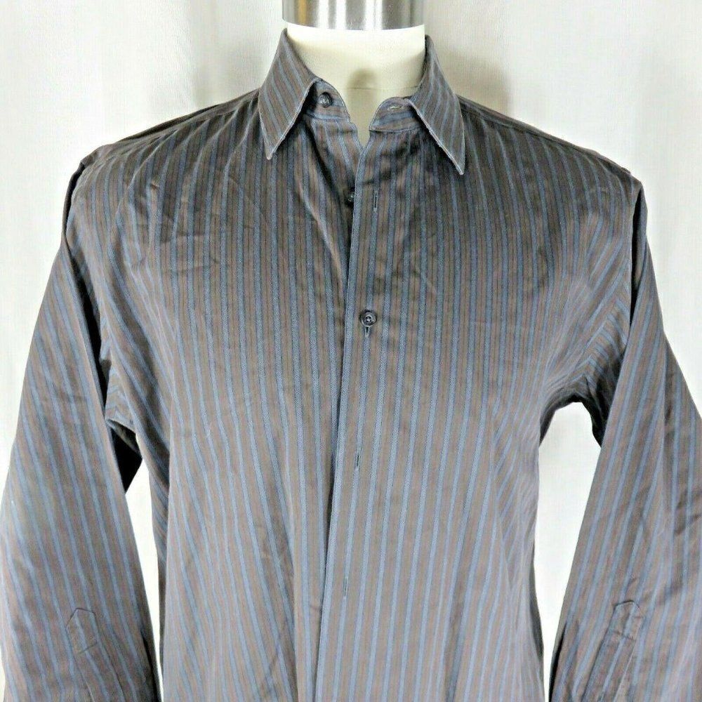 Ben Sherman Brown Blue Striped Button Front L Shirt 16.5 32-33 Long Sleeved